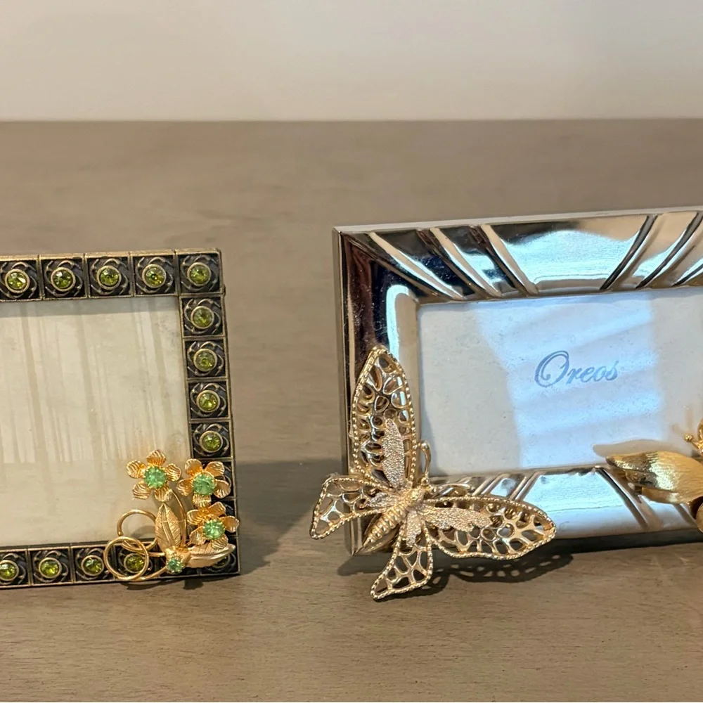 2 up cycled Silver and Gold Picture Frames. Vintage jewelry butterfly flowers